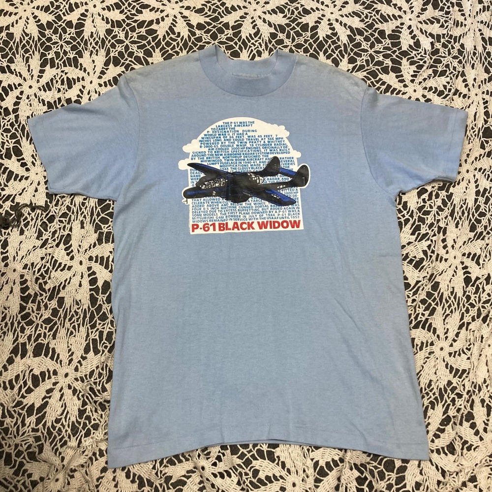 Wright's P-61 Black Widow WWII Aircraft Graphic Tee Light Blue Mens Medium